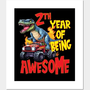 2nd Year of Being Awesome 2yr Birthday Truck Dinosaur Boy Girl 2 Years Old Posters and Art